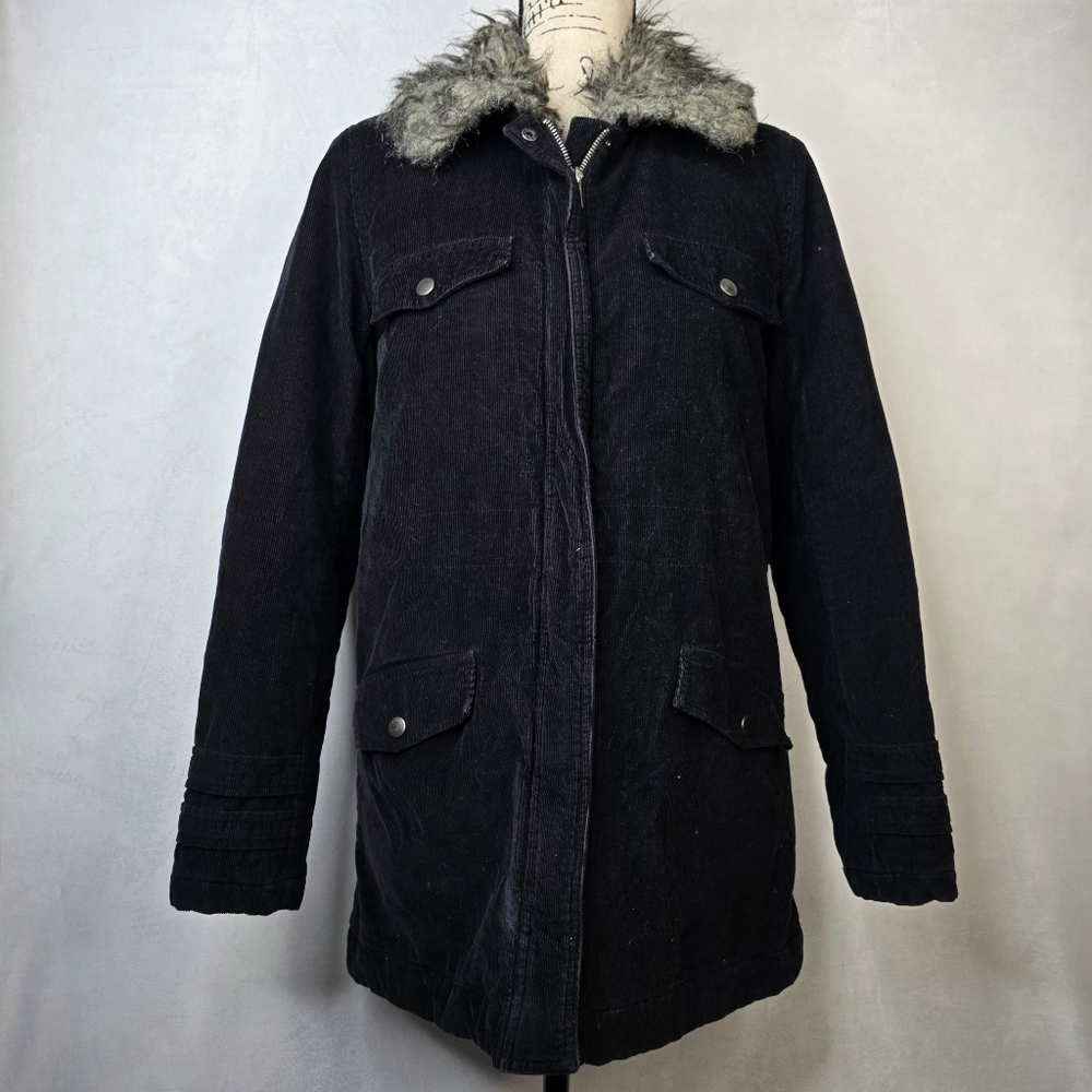 UK style by french connection Black corduroy jacket with faux fur collar Sz S